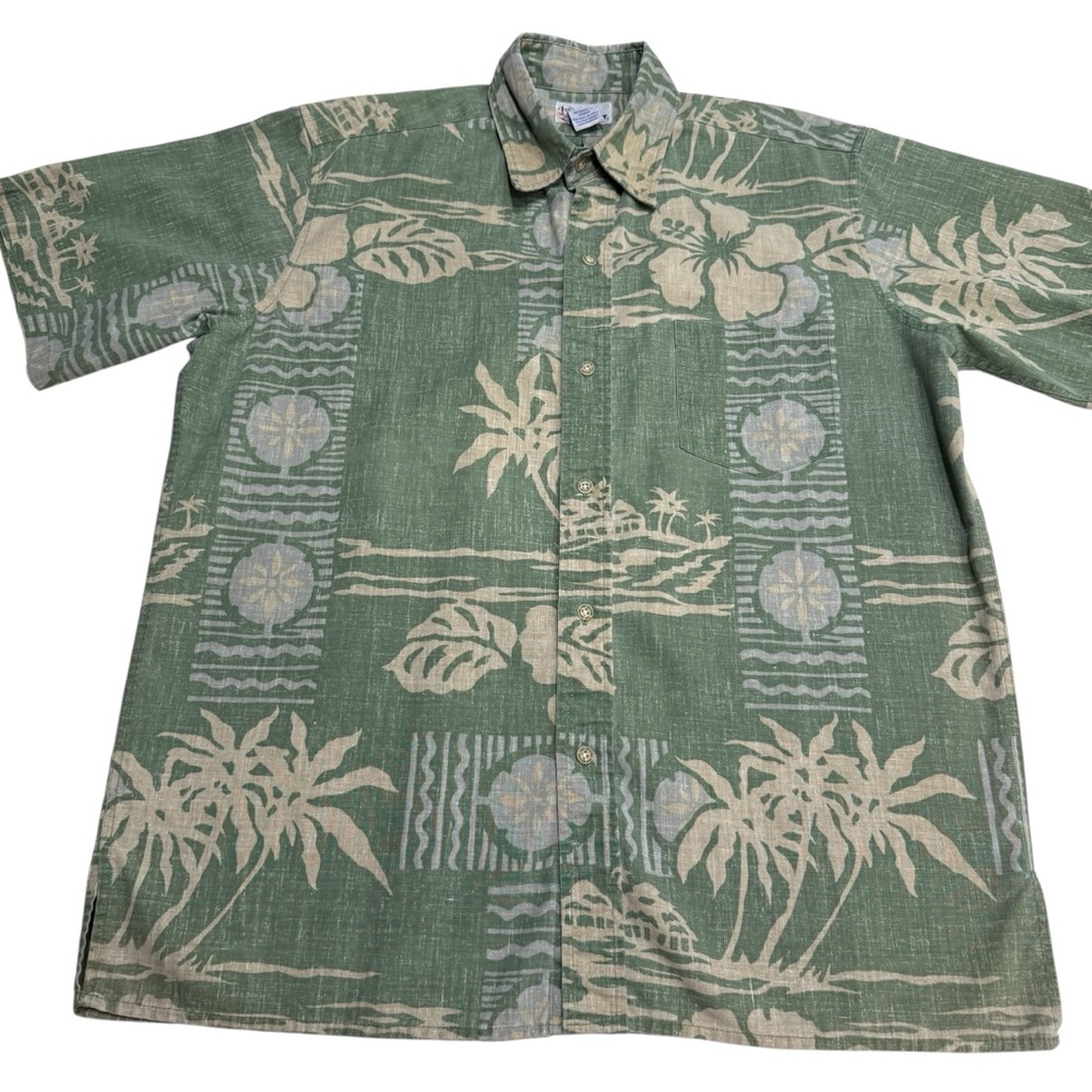 Reyn Spooner Shirt Mens M Green Hawaiian Hut Floral Coconut Trees Plumeria